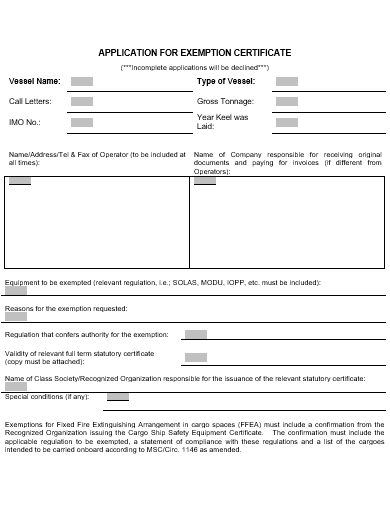 application for exemption certificate template