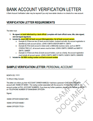 bank account verification letter template