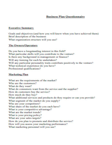 business plan questionnaire template