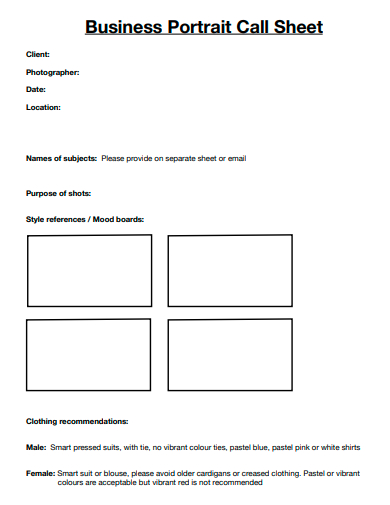 business portrait call sheet template