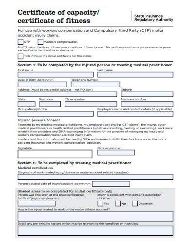 certificate of capacity or fitness template