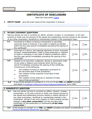 certificate of disclosure template
