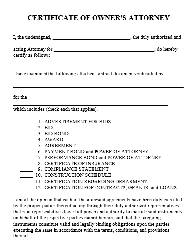 certificate of owners attorney template