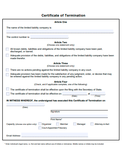 certificate of termination template