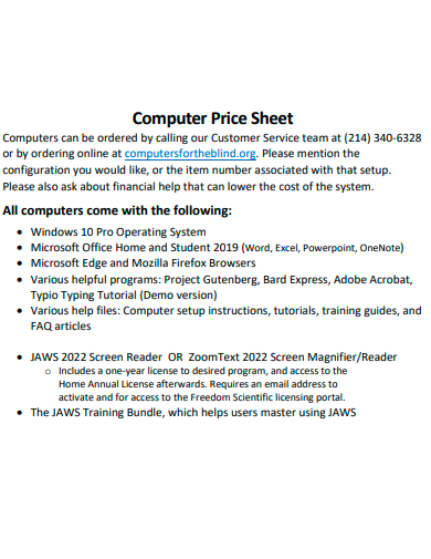 computer price sheet template