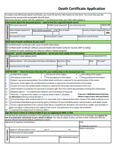 death certificate application template