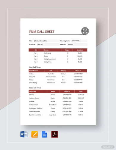 film call sheet template