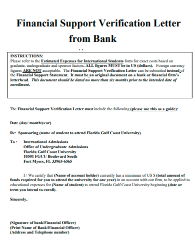 financial support verification letter from bank template