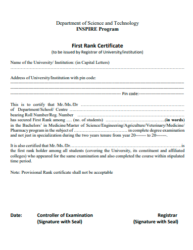 first rank certificate template