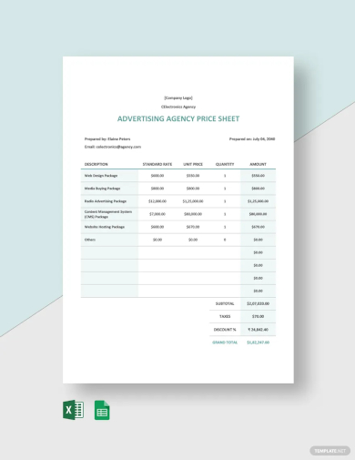 free advertising agency price sheet template