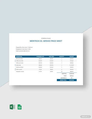 freelance service price sheet template