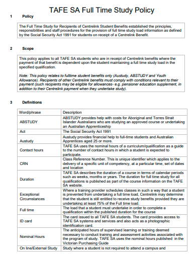 full time study policy template