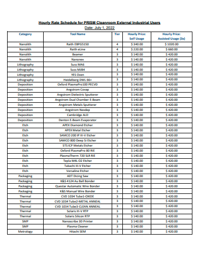 hourly rate schedule template