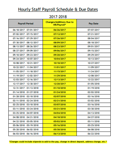hourly staff payroll schedule and due dates template