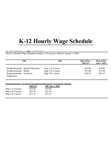 hourly wage schedule template