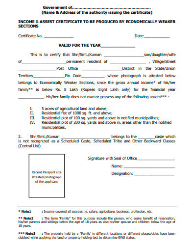 income and assest certificate template