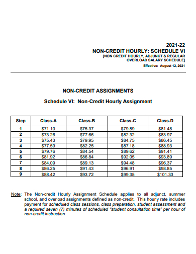 non credit hourly schedule template