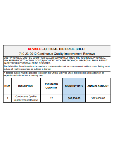 official bid price sheet template