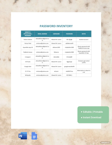 password inventory template