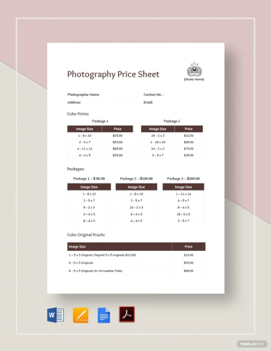 photography price sheet template