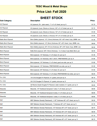 price list sheet stock template