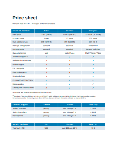price sheet in pdf