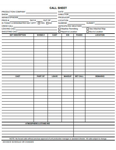 printable call sheet template