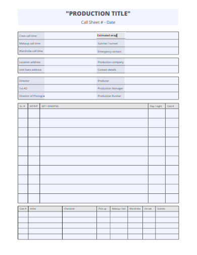 production title call sheet template