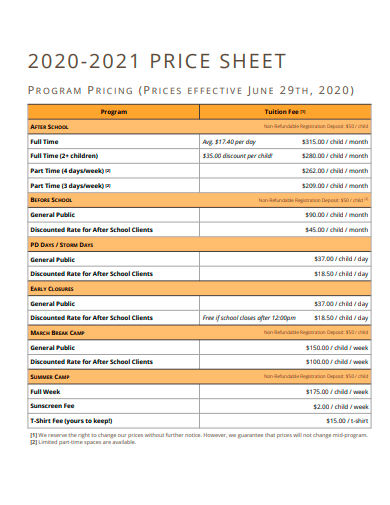 program price sheet template