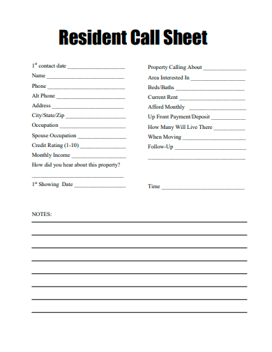 resident call sheet template