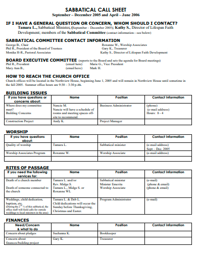 sabbatical call sheet template