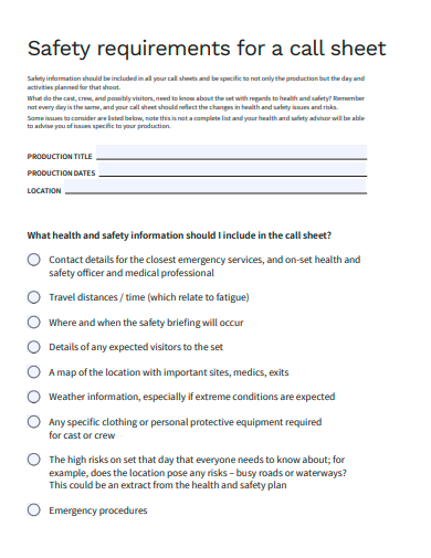 safety requirements for a call sheet template