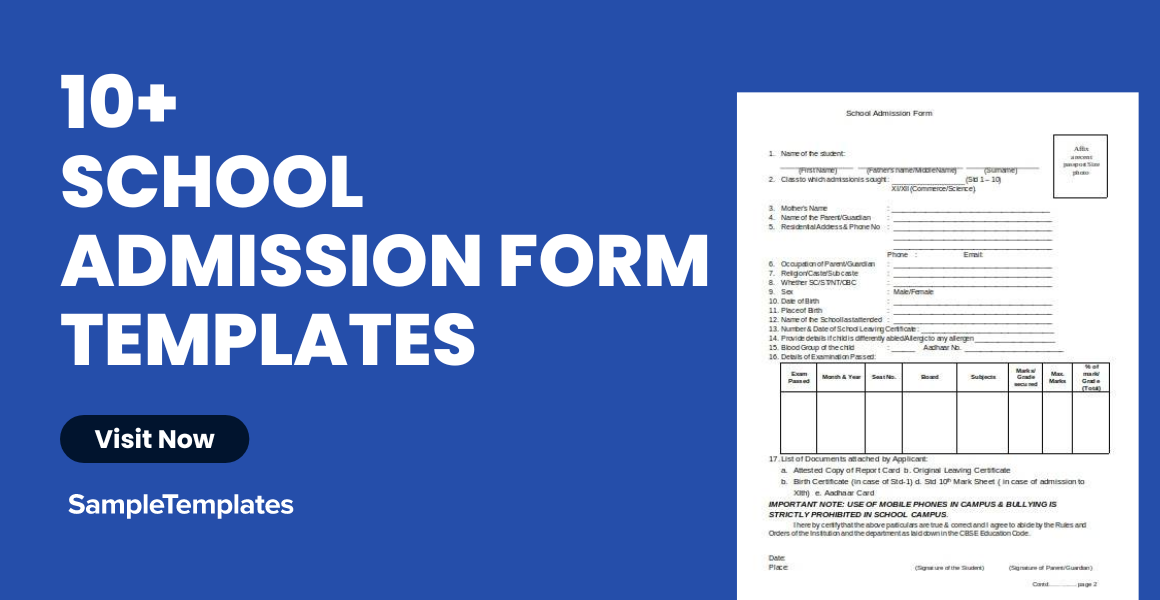 sample school admission form templates