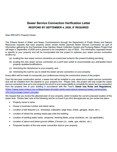 sewer service connection verification letter template