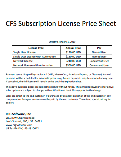 subscription license price sheet template