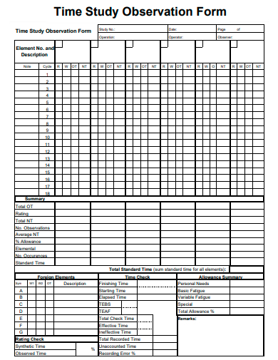 time study observation form template
