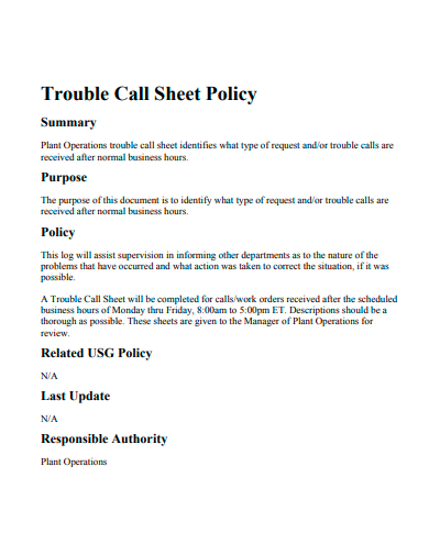 trouble call sheet policy template