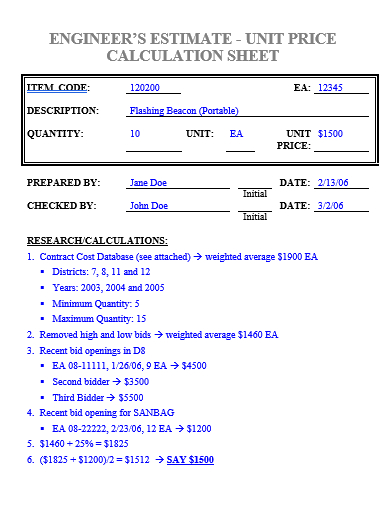 unit price calculation sheet template