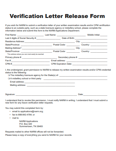 verification letter release form template