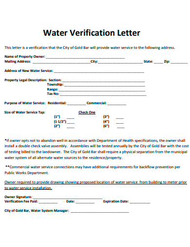 water verification letter template