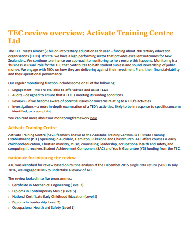 activate training centre review template