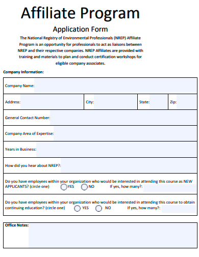 affiliate program application form template
