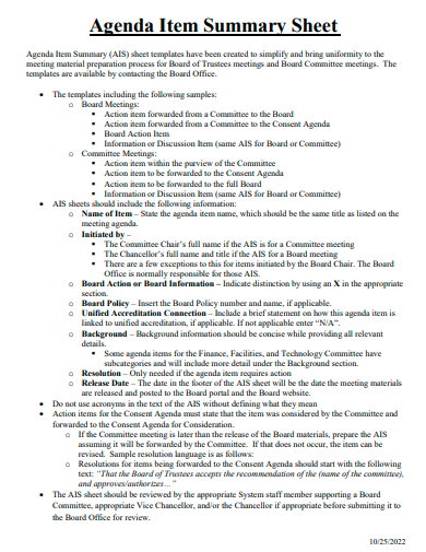 agenda item summary sheet template