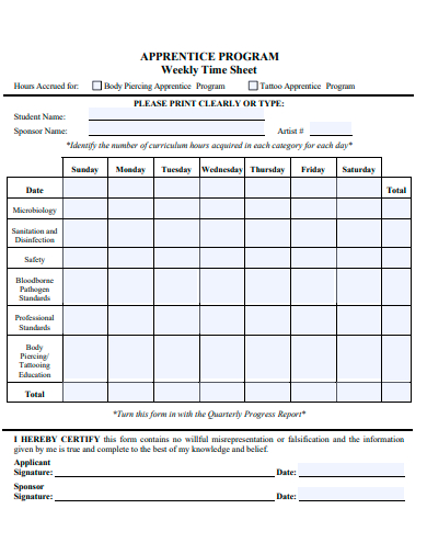 apprentice program weekly timesheet template