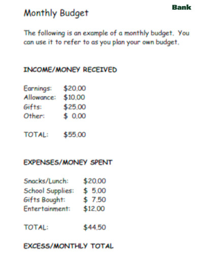 bank monthly budget template