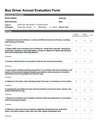 bus driver annual evaluation form template