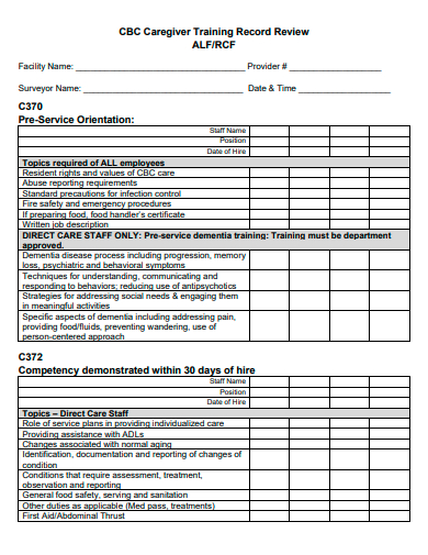 caregiver training record review template
