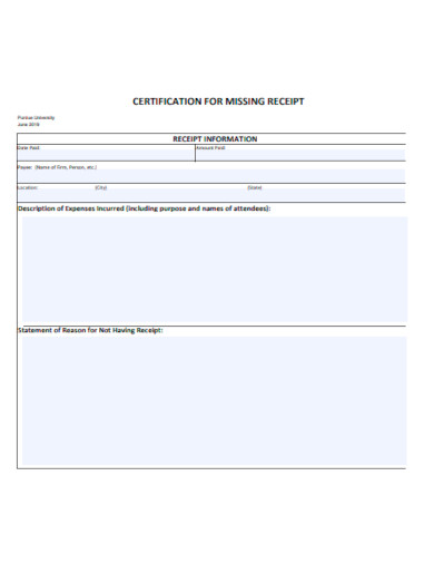 certification for missing receipt template
