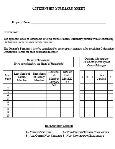 citizenship summary sheet template