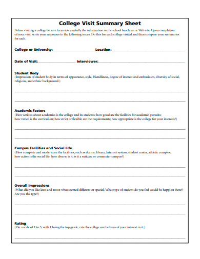 college visit summary sheet template